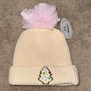 Kids Cream Knit Hat with Pink Tulle Pom